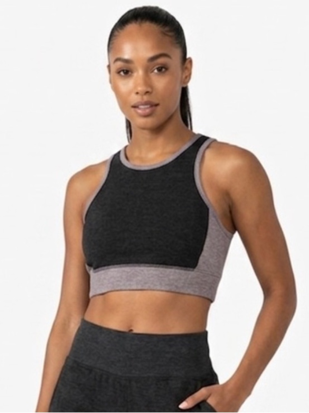 Beyond Yoga Spacedye On Block Shelf Bra Crop in Black and Chai